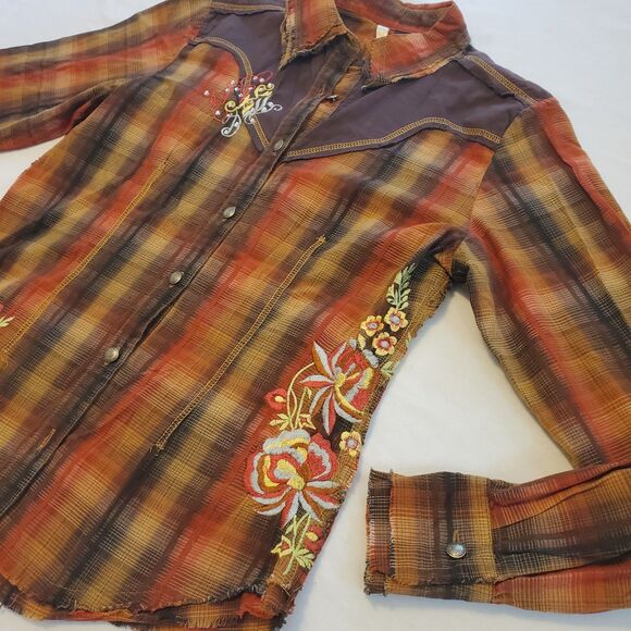 Martini Ranch Womens Sz Large Plaid Embroidered Button Front Shirt Brown - Picture 3 of 11